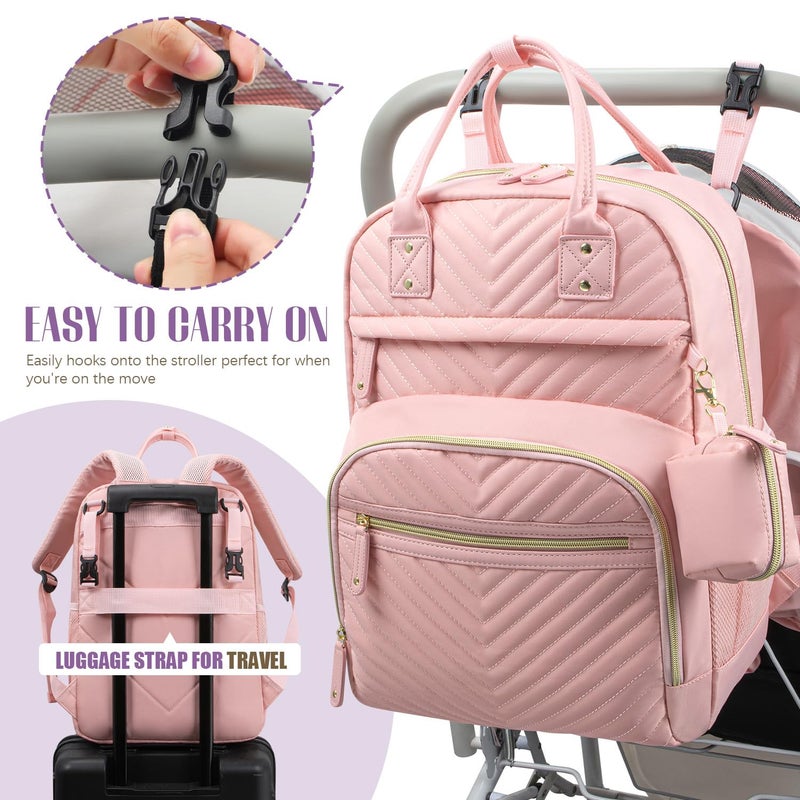 Tuwubi Diaper Bag Backpack, Baby Essentials Travel Tote Bag, Multi function Waterproof Backpacks, Travel Essentials with Stroller Straps & Pacifier Case - Light Pink - Image 5